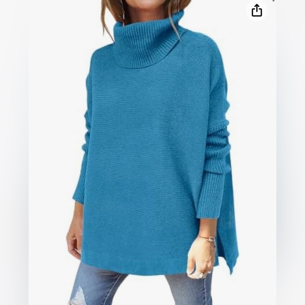 Women's Teal High Low Oversized Batwing Turtleneck Sweater Small Modern